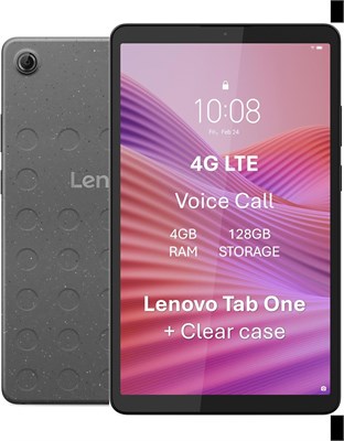 Lenovo Tab One 4G LTE с прозрачным чехлом, 9-дюймовый HD (1340x800) IPS-дисплей, яркость 480 нит, защита от отпечатков пальцев, сенсорный экран, процессор MediaTek Helio G85, 4 ГБ ОЗУ, 128 ГБ памяти, Android 14 - [ZAF10106AE], цвет Luna Grey 1000028469