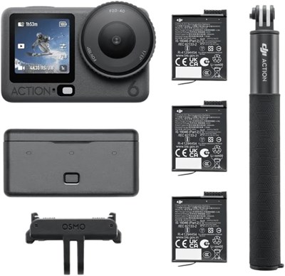 DJI Osmo Action 6 Adventure Combo — экшн-камера с квадратным сенсором 1/1.1 дюйма, переменной диафрагмой f/2.0–f/4.0, морозостойкая, 4 часа работы от батареи, запись видео 4K. Идеально подходит для быстрой съемки захватывающих моментов 1000030071