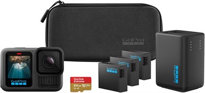Комплект GoPro HERO13 Black Extended Power Bundle — включает в себя двойное зарядное устройство, 3 батареи Enduro, карту памяти microSD на 64 ГБ, изогнутое клейкое крепление и чехол для камеры — с официальной гарантией GoPro в ОАЭ 1000030081