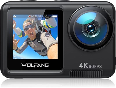 Спортивная камера WOLFANG GA420 с двумя экранами, разрешением 4K 60 кадров в секунду, 24 МП, водонепроницаемостью до 10 м (корпус)/40 м, Wi-Fi веб-камерой, двойным микрофоном, пультом дистанционного управления, электронной стабилизацией изображения (EIS), 1000030139