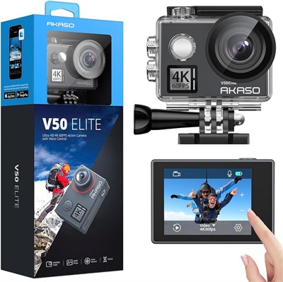 Экшн-камера AKASO V50 Elite 4K60fps с сенсорным экраном, Wi-Fi, голосовым управлением, электронной стабилизацией изображения (EIS), водонепроницаемостью до 40 метров (131 фут), 8-кратным зумом и пультом дистанционного управления 1000030206