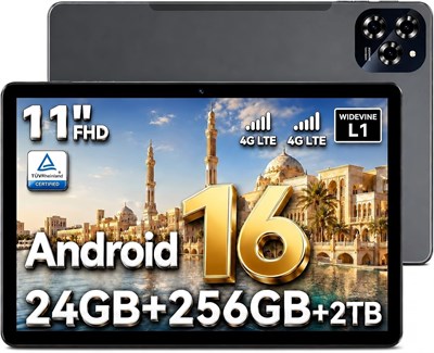 Планшет TABWEE 2026 Upgrade на Android 16, 11 дюймов, дисплей FHD 1920x1200, 24 ГБ ОЗУ + 256 ГБ ПЗУ, двойной Wi-Fi 4G LTE + 5G, восьмиядерный процессор, аккумулятор 8000 мАч, камера 16 МП + 8 МП, Gemini AI, WideVine L1, TV, GPS 1000030812