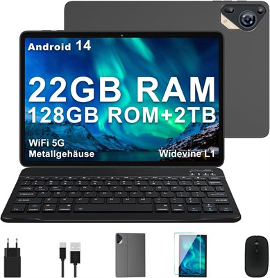 Планшет 10 дюймов, Android 14, 22 ГБ ОЗУ + 128 ГБ ПЗУ (расширяемое до 1 ТБ), Wi-Fi 5G, GPS, Widevine L1, 2,0 ГГц, восьмиядерный, 8000 мАч, 8 МП + 5 МП, 1280 x 800, планшет с клавиатурой и мышью, серый. 1000030945