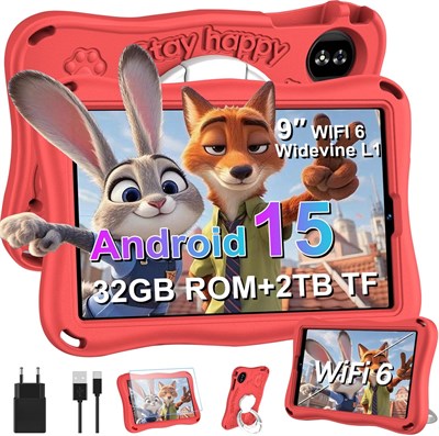 Детский планшет 9 дюймов, Android 15, 30 ГБ ОЗУ + TF 2 ТБ, 5G Wi-Fi, восьмиядерный процессор, Widevine L1, GPS, Face ID, блокировка от детей, аккумулятор 5000 мАч, разрешение 1340 x 800, Bluetooth 5.0, детский планшет с чехлом из ЭВА — красный. 1000030967
