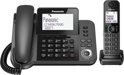 Черный набор телефонов для домашнего офиса Panasonic KX-TGF320 с возможностью автоответчика и блокировкой нежелательных звонков, включающий проводной и беспроводной телефоны 1000031887