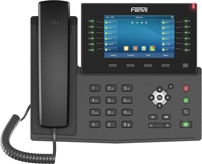 IP-телефон Fanvil X7C для офиса с большим 5-дюймовым цветным сенсорным экраном, поддержкой до 20 SIP-линий, двумя портами гигабитного Ethernet. В комплект не входит адаптер питания 1000032199