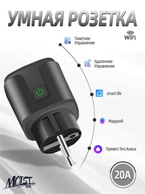 Умная розетка с возможностью подключения к wifi, с максимальным током 20А, совместимая с умным домом и голосовыми помощниками, такими как Алиса, Маруся и Google Assistant, а также с функцией таймера 1000032278