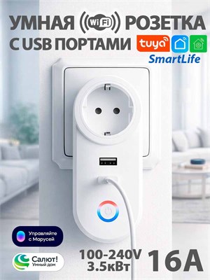 Smart Switch 220V с USB портами, которая позволяет управлять устройствами по-отдельности через Wi-Fi, доступна под названием Маруся или Салют 1000032344
