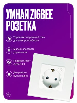 Умная розетка Zigbee с заземлением и шторками, предназначенная для круглого подрозетника и с возможностью подключения нагрузки до 16А, выполнена в белом цвете и установлена в стеклянную рамку 1000032358