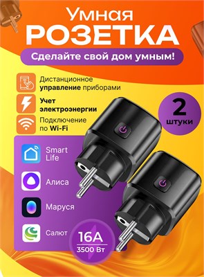 Два черных умных розетки Wi-fi с поддержкой Яндекс Алисы, Маруси, Салюта и функцией таймера 1000032398