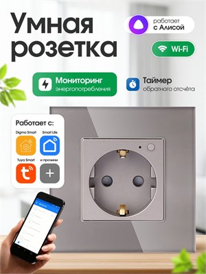 Имеется в наличии умная встроенная розетка с WiFi под названием FUJIHOME TW-WF1F-GY(CS), совместимая с голосовым помощником Алиса, приложением Smartlife. Она оснащена функцией мониторинга потребления энергии, таймером и имеет серый цвет 1000032409