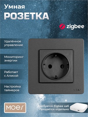 Умная розетка MOES Zigbee, выполненная в графитовом цвете, оснащена функцией таймера включения и имеет модельный номер ZK-SR-EU-GY-MS 1000032424