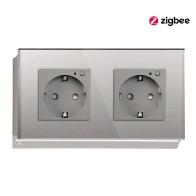Двойная умная розетка MVAVA ZigBee с встроенным таймером, оборудованная заземлением и поддержкой голосового помощника Алиса, выполнена в сером цвете и имеет стеклянную поверхность 1000032433