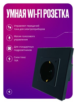 Умный Wi-Fi устройство с возможностью подключения к 16А для круглого подрозетника, с заземлением и защитными крышками, в стильной стеклянной рамке, окрашенной в черный цвет 1000032465