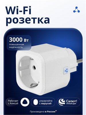 Умная розетка Eltex SW-PLG02 обладает функцией WIFI и совместима с голосовыми ассистентами Алисой, Марусей и Салют. Мощность устройства составляет 230 Вт 1000032475