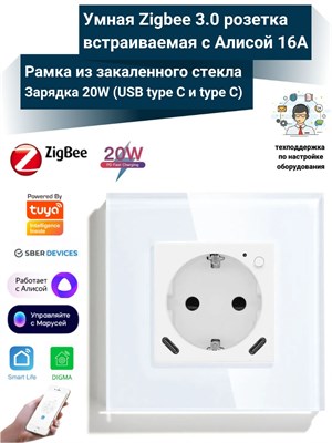 Встроенная умная розетка с поддержкой Алисы 16А Tuya Zigbee 3.0, оснащенная быстрым зарядным устройством USB с двумя разъемами типа C, обеспечивающими 20 Вт 1000032510