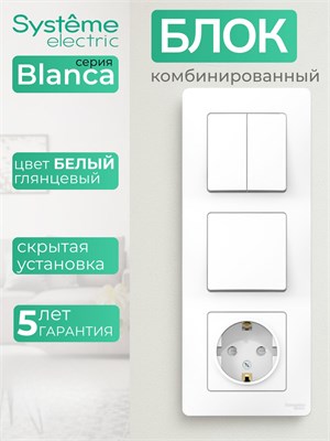 Розетка и два выключателя блока Systeme Electric BLANCA BLNBS101101 и BLNBS101201 1000032555