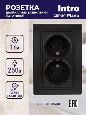 Двойная розетка Intro Plano 1-204-05 без контакта с землей, 2x2P 16А-250В IP20 для скрытого монтажа, цвет - черный 1000032574