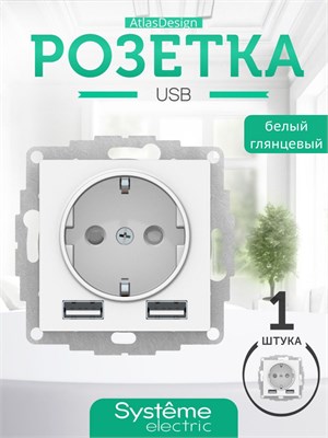 Белая встроенная розетка USB с заземлением и защитными крышками от ATLASDESIGN под кодом ATN000130 1000032609