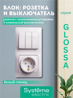 Гнездо с трехпозиционным выключателем и рамкой с защитой от замыкания и декоративными панелями GLOSSA Systeme Electric GSL000178 1000032611