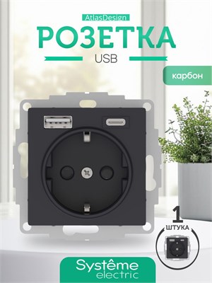 Черная розетка USB Systeme Electric с заземлением ATLASDESIGN ATN001032 1000032634