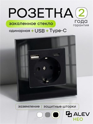 Розетка ALEV Neo с USB и TYPE-C, оборудованная заземлением и стеклянной рамкой, выполнена в черном цвете 1000032679