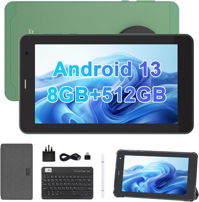 Планшет C idea 7 дюймов, Android 13, четырехъядерный процессор, 8 ГБ ОЗУ, 512 ГБ ПЗУ, возможность расширения до 512 ГБ, двойная камера, планшет с SIM-картой, Wi-Fi, Bluetooth, чехол, стилус CM518 Pro (зеленый) 1000032971