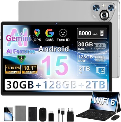 Планшет Android 15 2026 года, 10-дюймовый IPS HD-дисплей [30 ГБ ОЗУ], 128 ГБ + TF 2 ТБ - Восьмиядерный процессор, 8000 мАч, металлический корпус, 5 МП + 8 МП, WiFi6, Face ID, Widevine L1 - Планшет с клавиатурой и мышью - Серый 1000033041