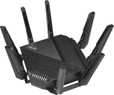 Маршрутизатор ASUS RT-BE96U BE19000 Tri-band WiFi 7: полоса пропускания 320 МГц, модуляция 4096-QAM, многоканальный режим работы (MLO), два порта 10G, бесплатная сетевая безопасность и расширенные функции VPN — черный 1000033456