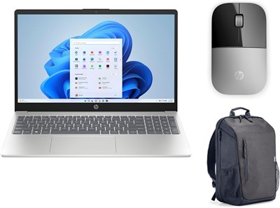 Ноутбук HP 15-fd0325ne | Intel Core 5 120U | 15,6-дюймовый FHD IPS-экран | 24 ГБ DDR5 | 512 ГБ PCIe SSD | Windows 11 Home | Клавиатура с подсветкой (английский/арабский) | В комплекте беспроводная мышь Z3700 серебристого цвета и дорожный рюкзак 18 л 1000034648