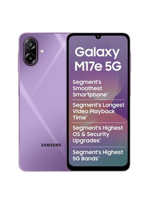Смартфон Samsung Galaxy M17e 5G (фиолетовый, 4 ГБ ОЗУ, 128 ГБ памяти) | Плавная частота обновления 120 Гц | Мощный аккумулятор 6000 мАч | IP54 | Обновления ОС до 6-го поколения | Искусственный интеллект | Gemini Live | Без зарядного устройства 1000035160