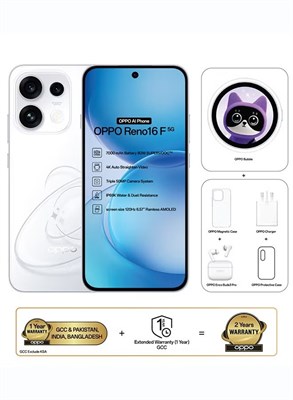 OPPO Reno16 F AI Phone Dual SIM 5G Pop White 12GB RAM 256GB With OPPO Bubble + OPPO Enco Buds3 Pro + OPPO Magnetic Case - Middle East Version 1000035400