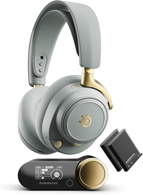 SteelSeries Arctis Nova Elite — беспроводная игровая гарнитура высокого разрешения — динамики из углеродного волокна — активное шумоподавление — приложение — 2,4 ГГц + Bluetooth — многоканальное воспроизведение; OmniPlay PC+PS+Xbox — цвета Sage & Gold (ве 1000036659