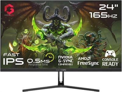 Игровой монитор GAMEON GOE24FHD165IPS 24 дюйма, разрешение Full HD 1080p, частота обновления 165 Гц, быстрая IPS-матрица, время отклика MPRT 0,5 мс, HDMI 2.1, HDR400, 99% sRGB, G-Sync и FreeSync, встроенные динамики, совместимость с PS5, черный 1000036725