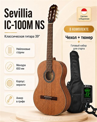Набор Sevillia IC-100M NS представляет собой классическую гитару с шестью струнами, полным размером с чехлом и тюнером 1000037814