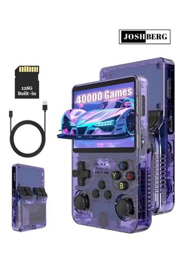 Joshberg 128G R36S Ретро портативная игровая консоль, 3,5-дюймовая игровая консоль, мини-ретро видеоконсоль, два 3D-джойстика, 11 эмуляторов, более 15000 игр с двумя 3D-джойстиками для мальчиков и девочек, прозрачно-фиолетовый 1000039729