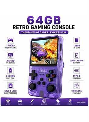 SISGL R36S Фиолетовая ретро-игровая консоль, 3,5-дюймовый IPS HD-экран, операционная система Linux, 64 ГБ памяти, более 15 000 классических игр, поддержка эмуляторов PS1/NES/SNES/GB/GBC/GBA/MAME/Arcade/Mega Drive/Master System/Neo Geo 1000039740