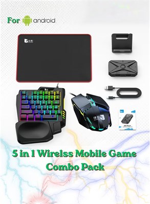 Игровой комплект Sunshine Trade World M1 Pro+ Wireless Game 5-в-1 для мобильных игр: RGB-клавиатура, RGB-мышь, коврик для мыши, подставка для мобильного телефона и USB-приемник – набор для мобильных игр с клавиатурой и мышью для PUBG, Free Fire, Call of D 1000039774