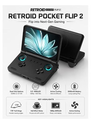 Retroid Pocket Flip 2 — портативная игровая консоль в стиле ретро, ​​5,5-дюймовый AMOLED-дисплей с разрешением 1080p, процессор Snapdragon 865, джойстики с эффектом Холла, Android 13, аккумулятор 5000 мАч, портативное игровое устройство, цвет GC Black 1000039996