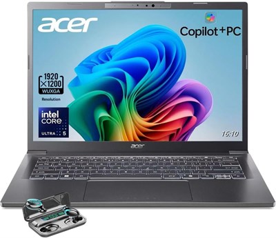 Ноутбук Acer Aspire 14, 14-дюймовый дисплей WUXGA (1920 x 1200), процессор Intel Ultra 5-226V, AI Copilot+PC, 16 ГБ оперативной памяти LPDDR5X, SSD-накопитель 512 ГБ, Windows 11 Home, серый цвет, беспроводные наушники TWE 1000040244