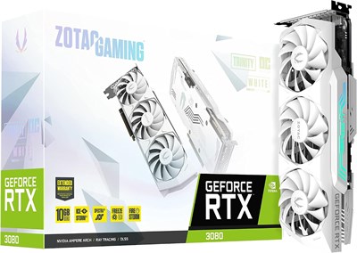 Видеокарта ZOTAC Gaming GeForce RTX™ 3080 Trinity OC White Edition LHR 10GB GDDR6X 320-bit 19 Gbps PCIE 4.0, система охлаждения IceStorm 2.0 Advanced Cooling, подсветка Spectra 2.0 RGB, модель ZT-A30800K-10PLHR 1000042534