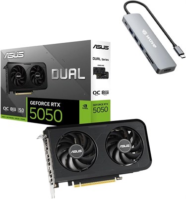Видеокарта ASUS Dual GeForce RTX 5050 OC Edition 8GB GDDR6, NVIDIA Blackwell, DLSS 4, PCIe 5.0, система охлаждения Axial-Tech с двумя вентиляторами, два BIOS, HDMI 2.1b, DP 2.1b, поддержка 8K + USB-C-хаб First Wave 7-в-1 1000042544