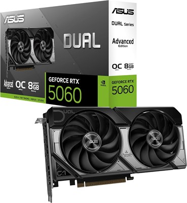 Видеокарта ASUS Dual GeForce RTX 5060 8GB GDDR7 OC Edition, PCIe 5.0, 128-бит, 3840 ядер CUDA, режим разгона 2565 МГц, HDMI 2.1b, DisplayPort 2.1b, 2,5-слотовая система охлаждения Axial-Tech - черная 1000042545