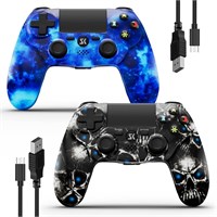 2 беспроводных контроллера для PS4, игровой контроллер, совместимый с Playstation 4/Slim/Pro/ПК, с двойной вибрацией/6-осевым датчиком движения/разъемом для стереогарнитуры/сенсорной панелью/батареей 800 мАч (синий и с черепом) 1000001753