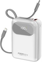 Promate Power Bank, универсальное сверхкомпактное портативное зарядное устройство ёмкостью 20000 мА·ч, кабели Lightning мощностью 27 Вт, встроенный порт USB-C мощностью 35 Вт, порт USB-A QC 3.0 мощностью 22,5 Вт для iPhone 15, Galaxy S24, POWERPOD-20 (бел 1000006266