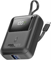 Promate Power Bank, универсальное сверхкомпактное портативное зарядное устройство емкостью 10000 мА·ч, встроенный кабель USB-C мощностью 35 Вт, порт питания USB-C мощностью 35 Вт и порт USB-A QC 3.0 мощностью 18 Вт для iPhone 15, Galaxy S23, POWERPOD-10.B 1000006280