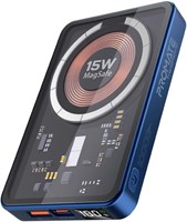 Беспроводной внешний аккумулятор Promate для iPhone 15 с магнитным креплением, прозрачный аккумулятор ёмкостью 10000 мА·ч и мощностью 15 Вт, порт USB-C мощностью 20 Вт, порт QC 3.0 мощностью 22,5 Вт, ЖК-экран для iPhone 13/14, Galaxy S22, TransPack-10 син 1000006284