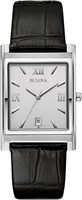 Мужские кварцевые часы Bulova из нержавеющей стали с тремя стрелками, календарем и датой, с черным кожаным ремешком, прямоугольным циферблатом, серебристым корпусом и классическим кварцевым механизмом, серебристым ремешком из нержавеющей стали. 1000007271