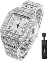 Часы Azonee Diamond Watch, квадратный циферблат, стальной браслет с бриллиантами, римская шкала, кварцевые часы, аналоговые наручные часы для мужчин и женщин, серебристый цвет 1000007498