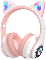 Детские наушники VuyKoo с микрофоном, RGB-светодиодом, Bluetooth-наушники с кошачьими ушками, ограничением громкости 94 дБ, складные стереонаушники-вкладыши для детей, планшета, школы, iPad и смартфона (розовые) 1000008073